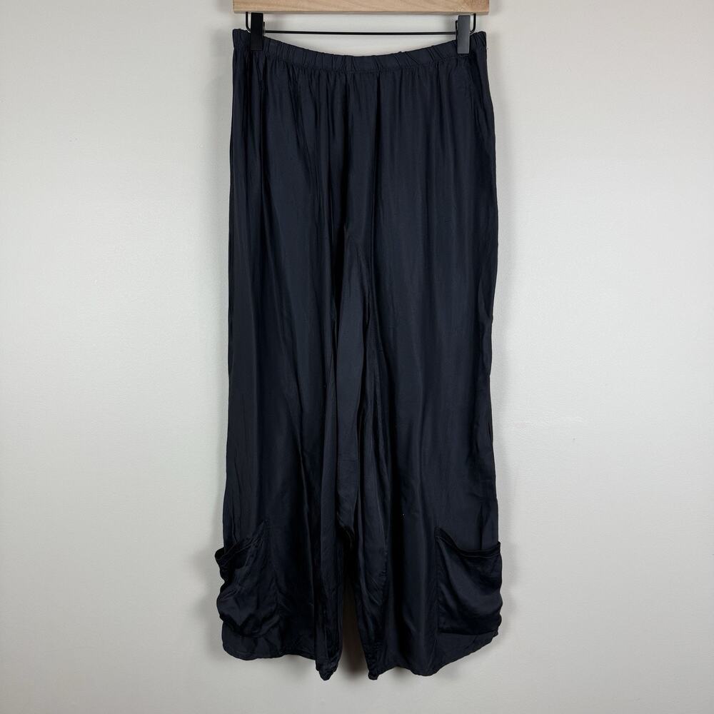 Stark X Baggy Silky Pants Womens M‎ Black Drop Crotch Pocket Lagenlook Slouchy